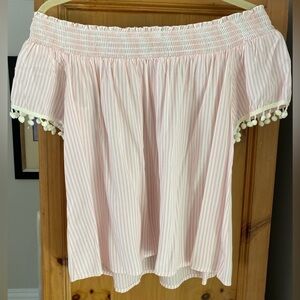 Off the Shoulder Cropped Light Pink and White Pinstripe w/ Pom Pom accents - L